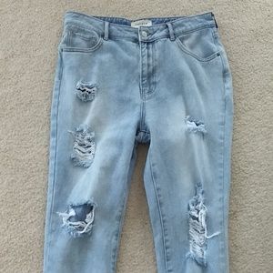 Light Blue Wash Ripped High Waist Mom Jeans